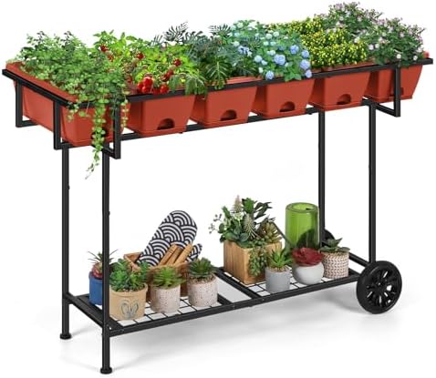 Vrisa Elevated Raised Garden Bed Outdoor with Legs 43x17x29 in Plastic Standing Planter Box with Storage Shelf and Wheels Vegetables Herbs Flowers Gardening Boxes for Backyard, Patio, Balcony, Black