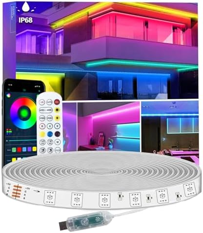 16.4FT LED Strip Lights IP68 Outdoor Waterproof, 5V USB Powered, Music Sync Bluetooth APP/RF Remote Control Lights for Balcony,Deck,Camping,Garden,Bedroom Decor