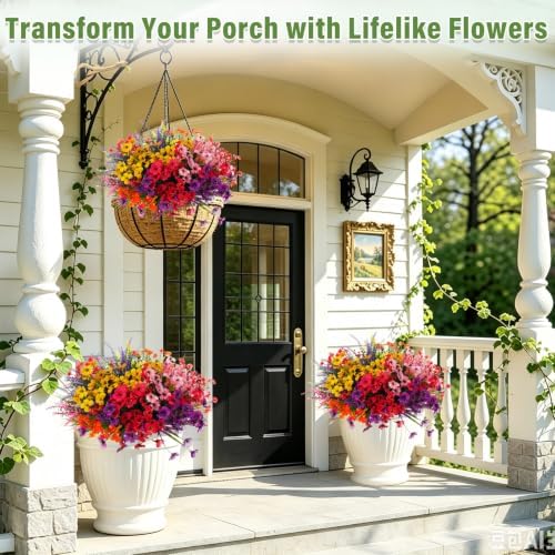 32 Bundles Artificial Flowers Plants for Outdoors, No Fade Fake Plastic Flowers Faux Plants UV Resistant Artificial Flower for Hanging Planters Outside Home Porch Indoor Spring Window Farmhouse Decor