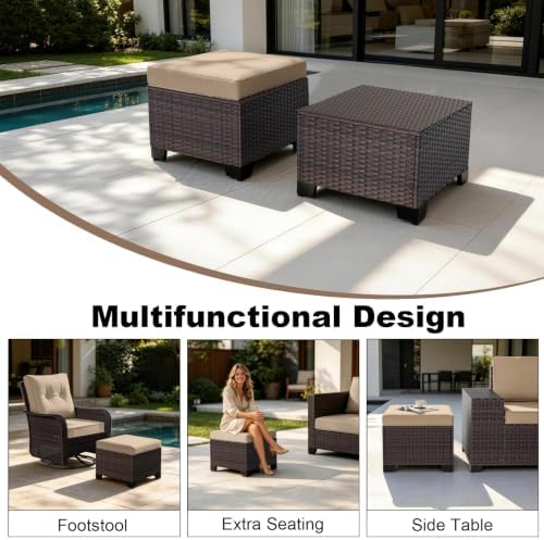 2 Pieces Wicker Ottomans, All Weather Rattan Patio Ottoman with Removable Cushion, Outdoor Footstools, Additional Seating, Side Table, Multipurpose Outdoor Furniture for Patio, Balcony, Khaki