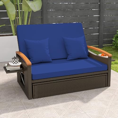 LDAILY Moccha Outdoor Wicker Daybed, Patio Rattan Loveseat Sofa w/ 4-Level Adjustable Backrest, Folding Panels, Storage Ottoman & Cushions, Lounge Furniture Set for Poolside Backyard Porch (Navy)