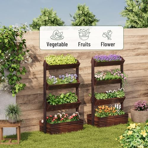 4-Tier Vertical Wooden Raised Garden Bed, herb garden planter, Carbonized