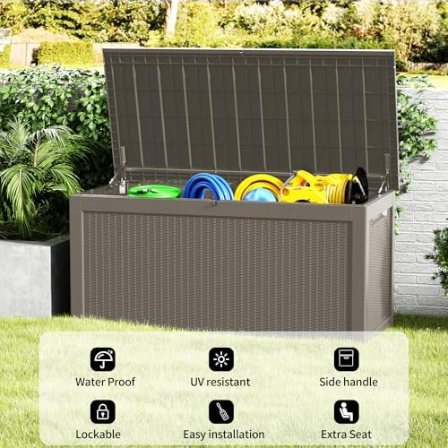 320 Gallon Outdoor Storage Box Waterproof, Lockable Resin Deck Box Large Storage Bin for Patio Furniture Cushion, Garden Tools, Pool Accessories, UV-Resistant Outside, Grey