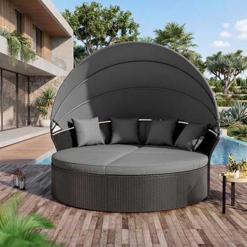 Crownland Round Patio Daybed with Retractable Canopy, Clamshell Wicker Sectional, Outdoor Wicker Furniture Daybed for Backyard, Poolside, or Garden，Grey