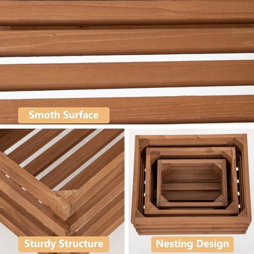 Set of 3 Nesting Wooden Storage Crates - Rustic Wooden Storage Crates for Display Brown Wood Container Boxes Wood Baskets for Farmhouse Flower Stand Display Rack for Shops or Exhibitions Home Decor