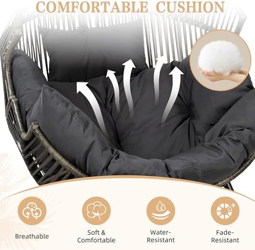 Vongrasig Wicker Egg Chair PE Rattan Rocking Chair with Cushion, Oversized Patio Lounge Rocker Chair for Outdoor, Indoor, Balcony, Backyard, Garden, Black/Rattan