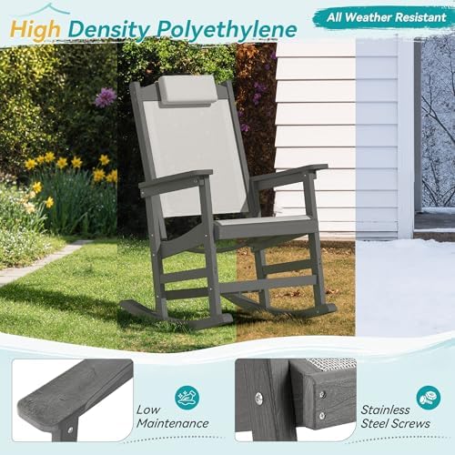 Outdoor Rocking Chair Set of 2 with Removable Headrest, HDPE All-Weather Rocker with Breathable Textilene, Patio Rocking Chairs for Adult, High Back Smooth for Porch, Garden, Dark Gray