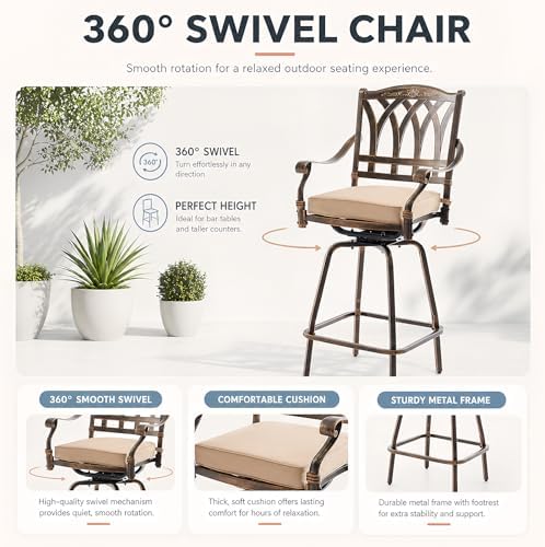 3 Piece Swivel Outdoor Table and Chairs Bar Set, All-Weather Cast
