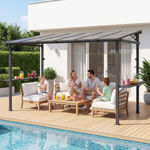 LAUSAINT HOME 12x6 ft Hardtop Grill Gazebo, Outdoor Sloping PC Roof BBQ Patio Metal Gazebo with Shelves and Hooks, Heavy Duty Barbecue Canopy Pergola for Backyard, Garden, Patio, Brown Shade
