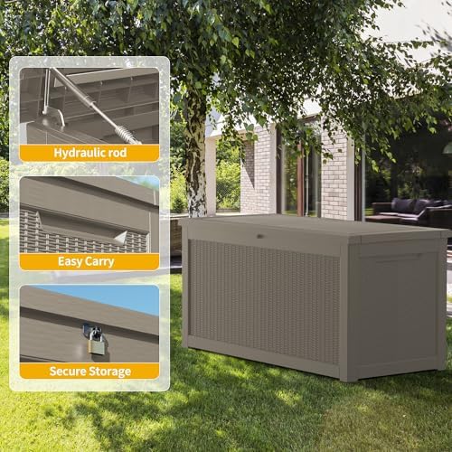 320 Gallon Outdoor Storage Box Waterproof, Lockable Resin Deck Box Large Storage Bin for Patio Furniture Cushion, Garden Tools, Pool Accessories, UV-Resistant Outside, Grey