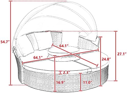 Outdoor Patio Rattan Round Daybed with Retractable Canopy, Wicker Furniture Round Poolside Sofa Sunbed with Removable Cushions, Backyard, Porch, Beige Steel