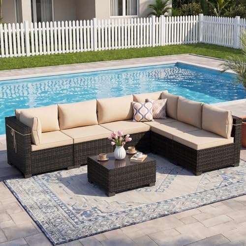 CHABATREE 7-Piece Outdoor Patio Furniture Sets, Manual Weaving Rattan Conversation Sectional Sofa with Tempered Glass Coffee Table, All-Weather PE Wicker & Thick Cushions for Garden, Backyard, Porch