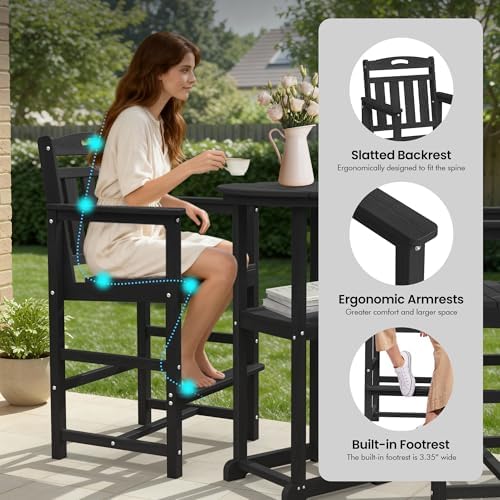 Ciokea Outdoor High Top Bar Set of 3, Space-Saving Bistro Table and Chairs, All-Weather Small Bar Set with Storage Shelf, Round Table with 2 Oversized Adirondack Chairs for Balcony Deck, Black