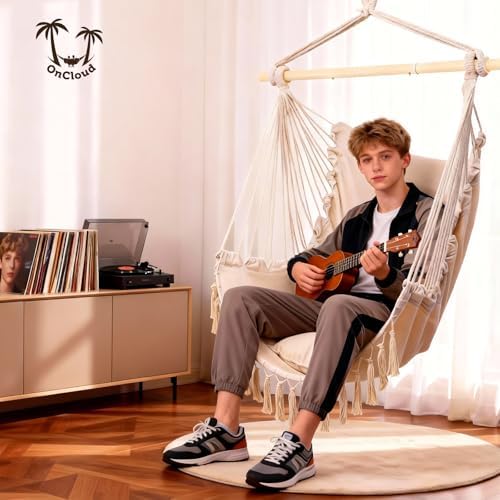 ONCLOUD Hammock Chair with Steel Spreader Bar (Beige w/Tassels)