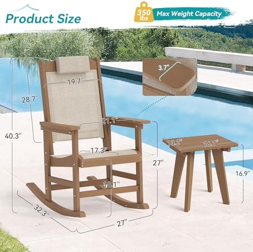 3-Piece Outdoor Rocking Chair Set, HDPE Patio Rocking Chair with Removable Headrest, Breathable Textilene & Table, All-Weather Resistant Poly Porch Rockers Set for Porch, Garden, Walnut Brown