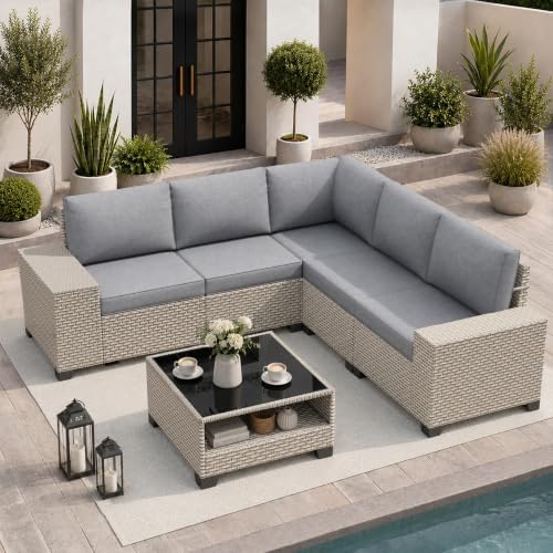 6-Piece Outdoor Patio Furniture Set, Modular Sectional Sofa Set with Glass Coffee Table and Cushions, Wicker Outdoor Couch Conversation Sets, Gray