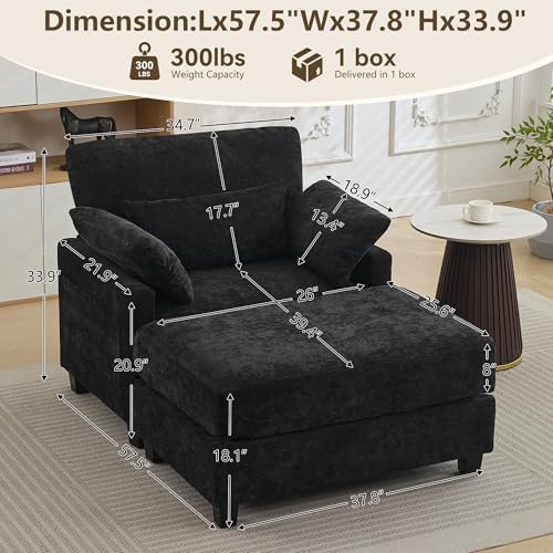 57.5" Oversized Chenille Chair with Movable Ottoman, Black Deep Seat