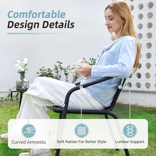 Amopatio Outdoor Dining Chairs Set of 6, Stackable Outdoor Patio Chairs, Rattan Patio Dining Chair, for Porch, Deck, Garden, Yard, Poolside, Bistro, Restaurant, Black