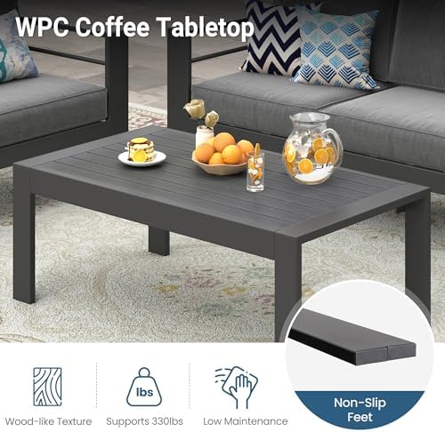 Wisteria Lane Aluminum Outdoor Patio Furniture Coffee Table, All-Weather Outdoor Metal Coffee Table, Modern Rectangle Coffee Table for Balcony, Garden, Dark Grey