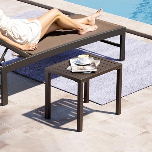 Aluminum Outdoor Side Table, Small Patio Coffee Bistro End Table, Brown