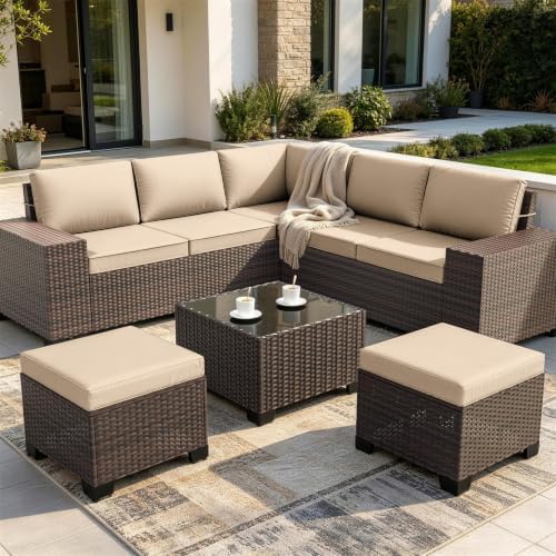 2 Pieces Wicker Ottomans, All Weather Rattan Patio Ottoman with Removable Cushion, Outdoor Footstools, Additional Seating, Side Table, Multipurpose Outdoor Furniture for Patio, Balcony, Khaki
