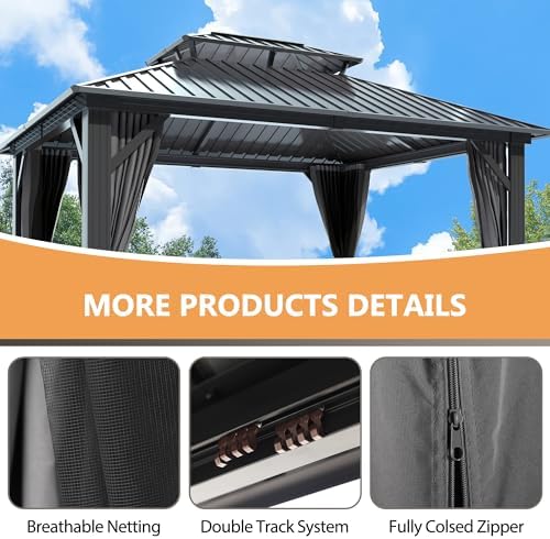 12'x14' Hardtop Gazebo, Outdoor Double Roof Galvanized Steel Gazebo, Aluminum Frame Permanent Pavilion with Curtains & Netting for Backyard, Patio, Deck (12x14)