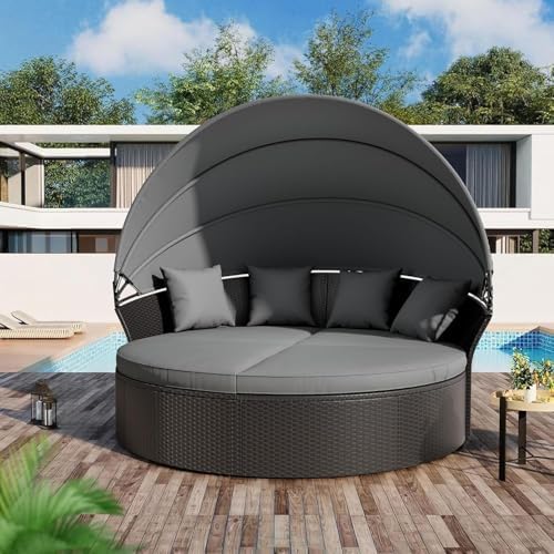 Patio Round Daybed with Canopy, Outdoor Wicker Rattan Sectional Sofa Set with Cushions, Patio Conversation Set for Backyard, Porch, Pool (Black)