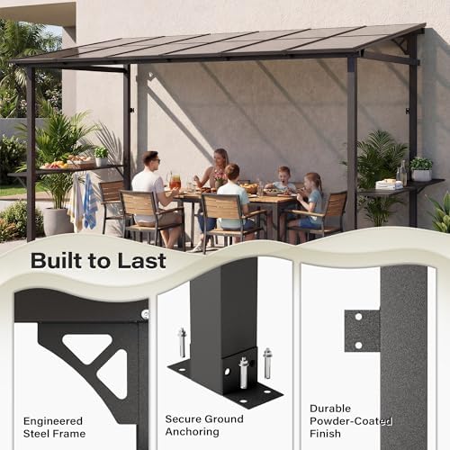 LAUSAINT HOME 12x6 ft Hardtop Grill Gazebo, Outdoor Sloping PC Roof BBQ Patio Metal Gazebo with Shelves and Hooks, Heavy Duty Barbecue Canopy Pergola for Backyard, Garden, Patio, Brown Shade