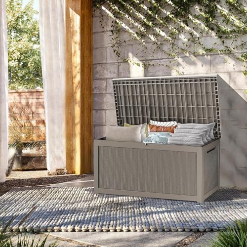 320 Gallon Outdoor Storage Box Waterproof, Lockable Resin Deck Box Large Storage Bin for Patio Furniture Cushion, Garden Tools, Pool Accessories, UV-Resistant Outside, Grey
