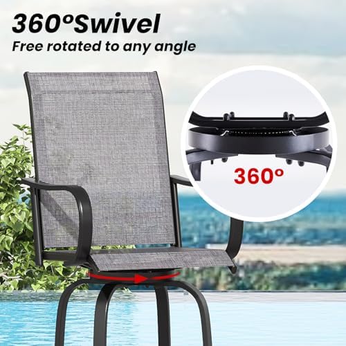 Patio Swivel Bar Stools Set of 4，All-Weather Outdoor High Bistro Stools with Textilene Fabric for Outside, Beach, Lawn, Poolside and Garden (Grey/Brown)