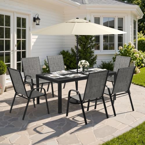 7-Piece Outdoor Dining Set, All-Weather Patio Table and Chairs Set with Umbrella Hole for 6, Steel Slat Table and 6 Textilene Chairs for Backyard, Poolside and Garden, Grey(No Umbrella)