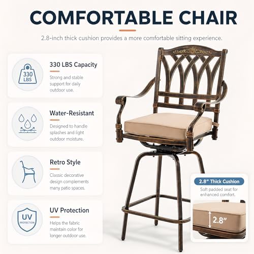 3 Piece Swivel Outdoor Table and Chairs Bar Set, All-Weather Cast