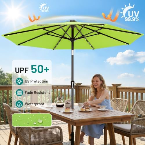 AreShark 9FT Patio Umbrella with Solar Lights, 32 Lighted Pool Umbrella w/Tilt and Crank, Outdoor Market Solar Umbrellas for Garden, Deck, Backyard, Pool and Beach, Apple Green