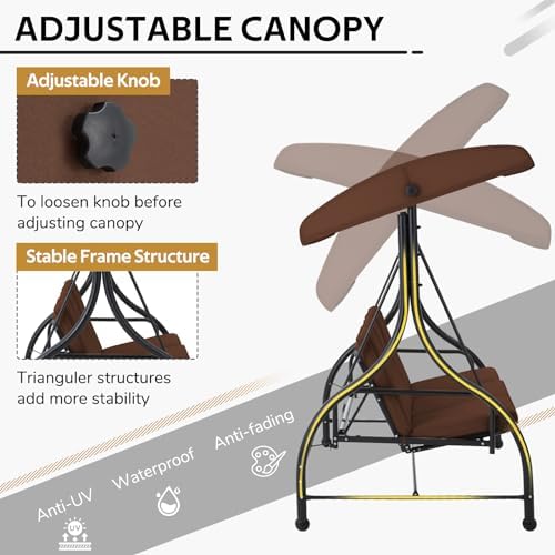 U-MAX Porch Swing Chair with Adjustable Backrest&Canopy, 3 Seat Patio