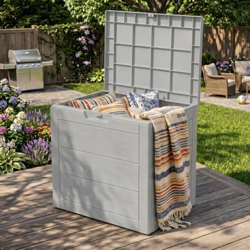 35 Gallon Outdoor Deck Box with Lid, Waterproof Lockable Resin Storage Container for Patio Cushions, Pool Toys, Garden Tools, and Porch Packages Delivery, Grey