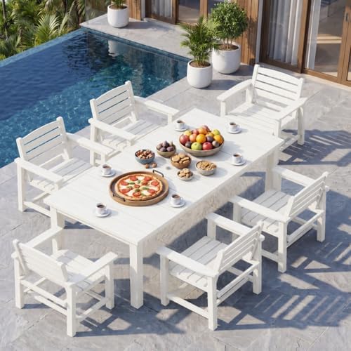 HDPE 7-Piece Outdoor Dining Set with Armchairs, White