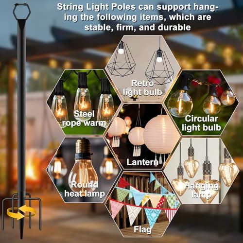 10Ft String Light Poles 6 Pack,Light Poles for Outside Lights,Outdoor with Fence Brackets Hanging Lights,Metal Stand Deck Patio Backyard