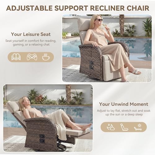 Zero Gravity Patio Swivel Recliner Chair - Wicker Outdoor Lounge Chair with Adjustable Backrest & Footrest, All Weather Reclining Rocker Chairs with Thick Cushion for Pool Deck Beige
