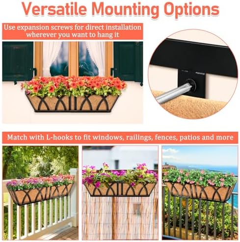 Riare 3 Pack 24 Inch Metal Railing Planter Window Box with Coco Liner
