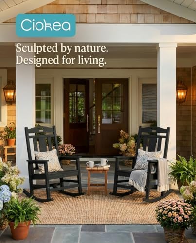 Ciokea Oversized Outdoor Rocking Chairs Set of 2, 380lbs Heavy-Duty Large Patio Rocker, High Back Cozy Porch Chairs, Weather Resistant Patio Rocking Chairs for Outside, Fire Pit, Deck, Black