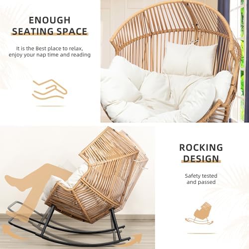 Vongrasig Wicker Rocking Egg Chair PE Rattan with Cushion, Oversized Patio Lounge Rocker Chair for Outdoor, Indoor, Balcony, Backyard, Garden, Beige