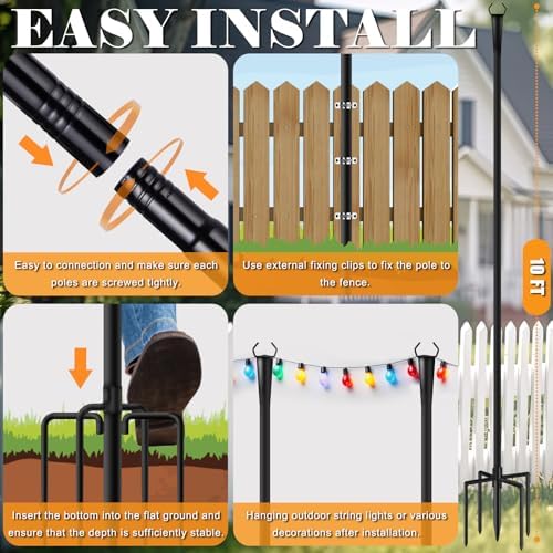 10Ft String Light Poles 4 Pack for Outside, Metal Outdoor Light Poles with 5 Prongs for Garden Patio Backyard Deck, Fence Bracket Hanging Light for Party Wedding Decor