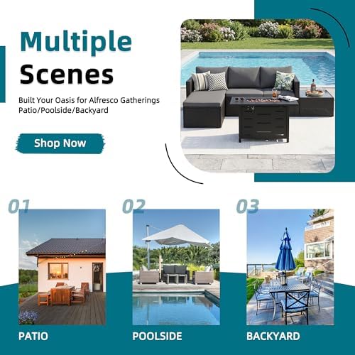 SUNLEI 4-Piece Patio Furniture Set with 43" Propane Fire Pit Table, L-Shaped PE Rattan Sectional Sofa, Washable Cushions, Outdoor Conversation Set,Black/Grey