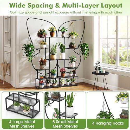 Giantex 2 Pack 6-Tier Plant Stand Indoor, Butterfly-Shaped Metal 73” Tall Ladder Plant Shelf w/ 4 Hanging Hooks, Outdoor Flowerpot Display Rack for Multiple Plants Living Room Balcony Patio Garden