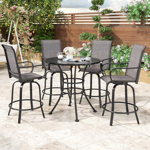 Patio Swivel Bar Stools Set of 4，All-Weather Outdoor High Bistro Stools with Textilene Fabric for Outside, Beach, Lawn, Poolside and Garden (Grey/Brown)
