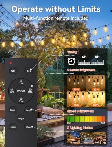 Brightever 36FT Solar String Lights Outdoor Waterproof with Remote, 12+1 Shatterproof ST38 LED Bulbs, Warm White & 3 Lighting Modes, Dimmable Outdoor Solar Lights for Patio, Camping, Party