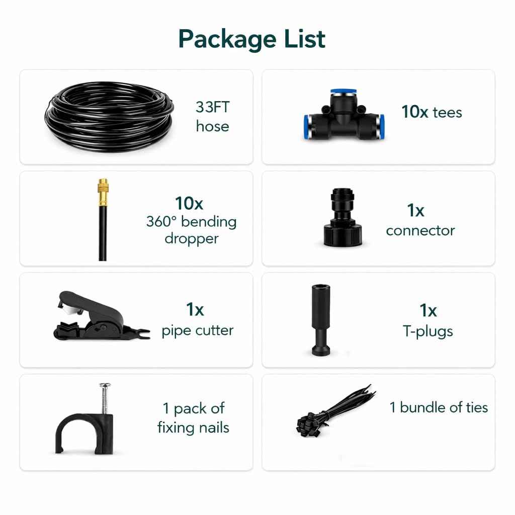 360° Adjustable Drip Irrigation System - Compatible 1/4" Irrigation System, 33FT Garden Watering Atomizing System with 10pcs Nozzles, Greenhouse Accessories for Yard, Lawn, Plants, Garden (33Ft)