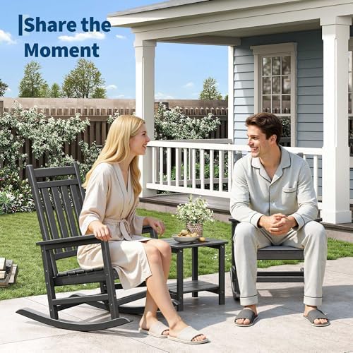 HDPE Rocking Chair Outdoor Set of 2 with Side Table, High Back Rocker