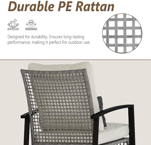 3 Piece Patio Rocking Chairs Set of 2, Outdoor Rocking Chair Bistro Set with Tempered Glass Coffee Table and Thick Lumbar Pillow Set, Front Porch Chairs for Garden, Backyard (Gray Rattan)