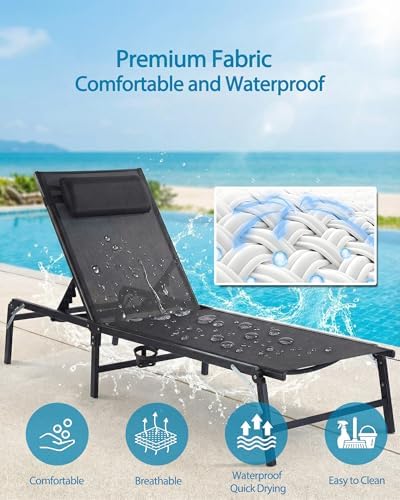 2 Pack Foldable Chaise Lounge Chair with Cup Holder, Assemble-Free
